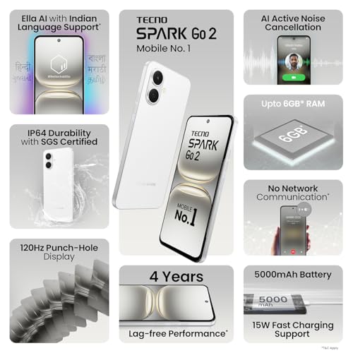 Image of Tecno Spark GO 2 (Veil White, 3GB+64GB) | Segment 1st IP64 SGS Certified | Segment's 1st AI with Indian Languages | Segment's 1st No Network Communications* | 120Hz Punch | 5000mAh Battery