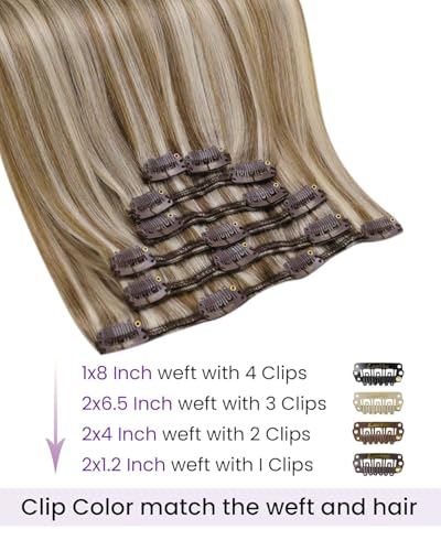 Image of LaaVoo Clip On Extensions Human Hair, For Natural Look, 18 Inch | Light Brown Blonde Highlights, 120g 7pcs, Clip In Hair Extensions Real Human Hair, Soft, Thick Full