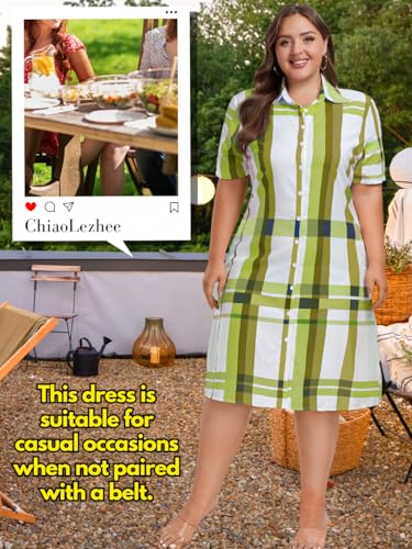 Image of ChiaoLezhee Plus Size Shirt Dress, Colorful Plaid Match Waistband, Fits 1XL-5XL