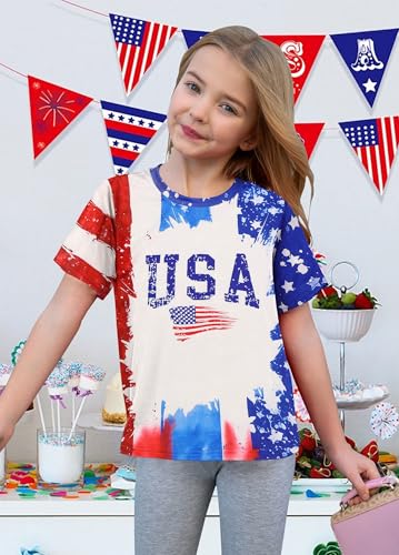Image of CAZYCHILD Girls American Flag Patriotic Shirt Boys 4th of July Short Sleeves Tshirt USA Clothes for Kids 5-14Y