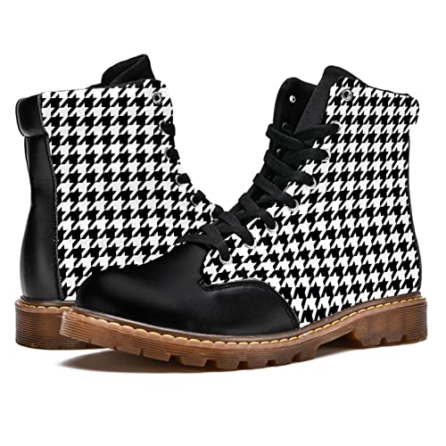 Mapolo Black White Houndstooth Classical Shoes Men's Stylish High Top Tactical Boots Lace Up Winter Boots Casual Leather Slip Resistant Warm Snow Boot For Hiking Work Boots #TOP6