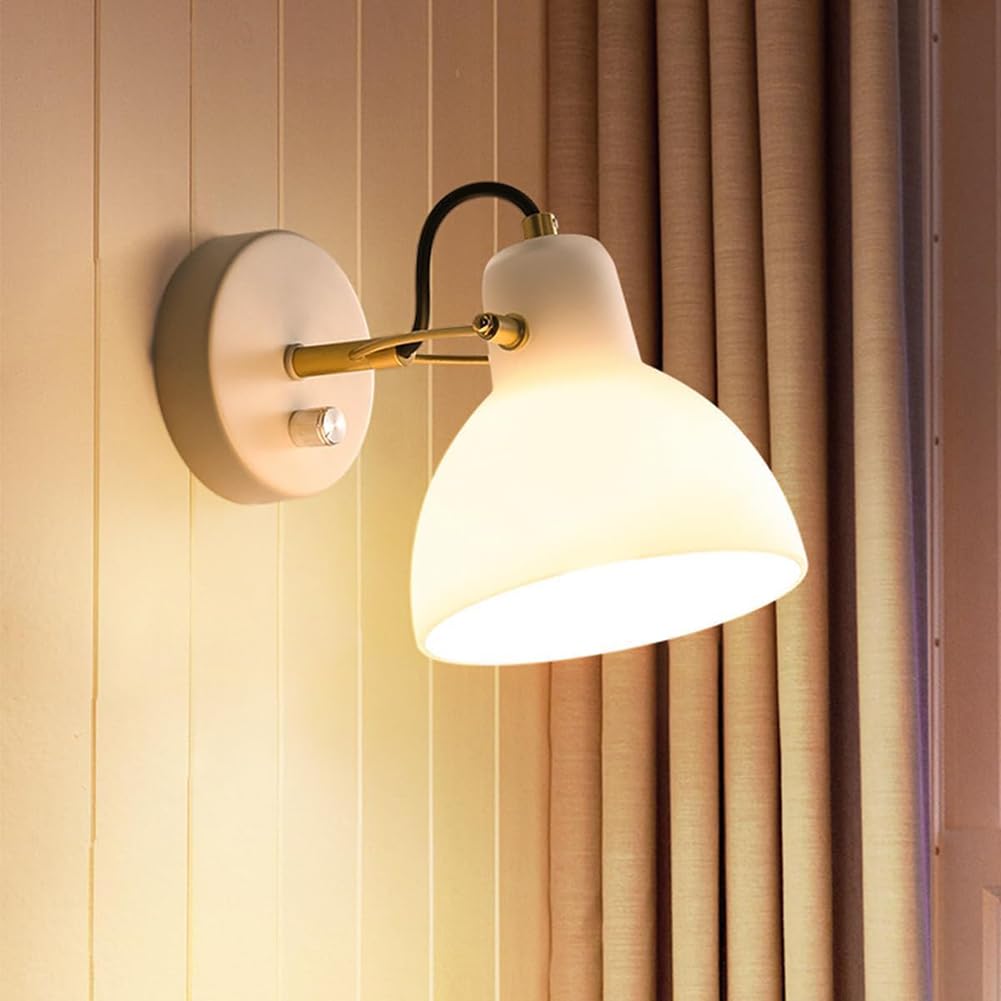 LOGT Swivel Wall Light with Switch E27 Socket, Indoor Wall Lamp, White Metal Adjustable Wall Lighting, Modern Bedside Lamp Retro Industrial Bedroom Light Wall Mounted Living Room Lighting