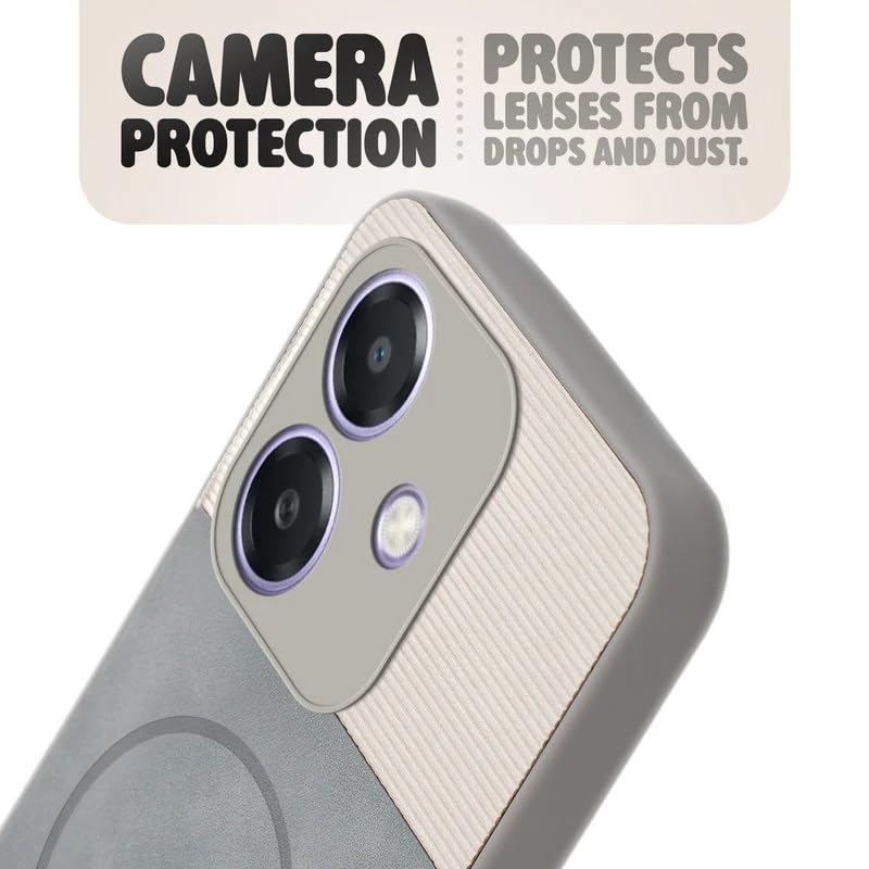 Image of Bintage case Dual-Leather Macc-Safe Design Phone Case| Soft Touch Finish | Full Camera Protectection Back Cover Compatible for Oppo CPH2681 / A3x 5G / A3 5G - White & Matelic Grey