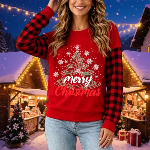 YNCSZEC Vintage Christmas Sweatshirts Women Casual Plaid Long Sleeve Pullover Crewneck Printed Xmas Sweaters Tops Red christmas sweatshirts for women M - image 2