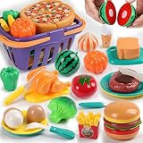 Elitoky 49PCS Cutting Play Food Toy for Kids Kitchen, Pretend Fruit & Vegetables Accessories with Sh