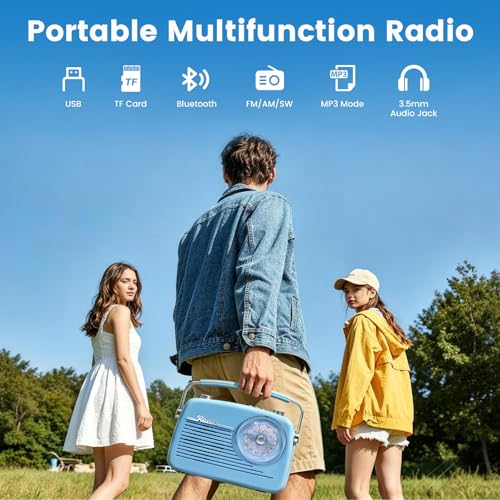 Radio portátil AM FM SW retro con Bluetooth y USB azul miniatura 2