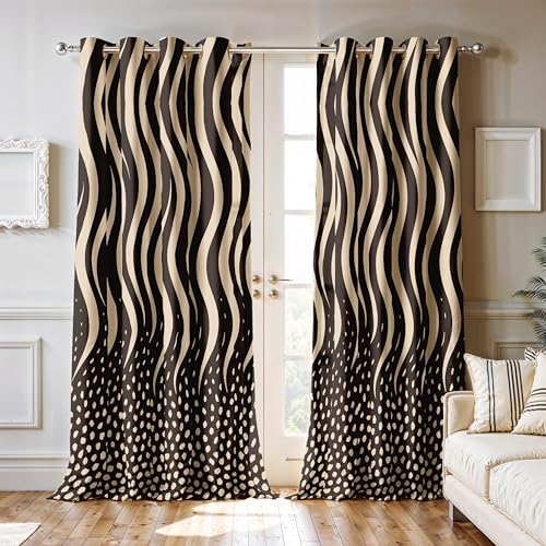 Image of Ultimate Trends Room Darkening Digital Printed Modern Curtain 65-70% Opacity,Diamond Eyelets, Tie Back, Modern Prints, 9 FEET Pack of 1,Mocha Cream Waves