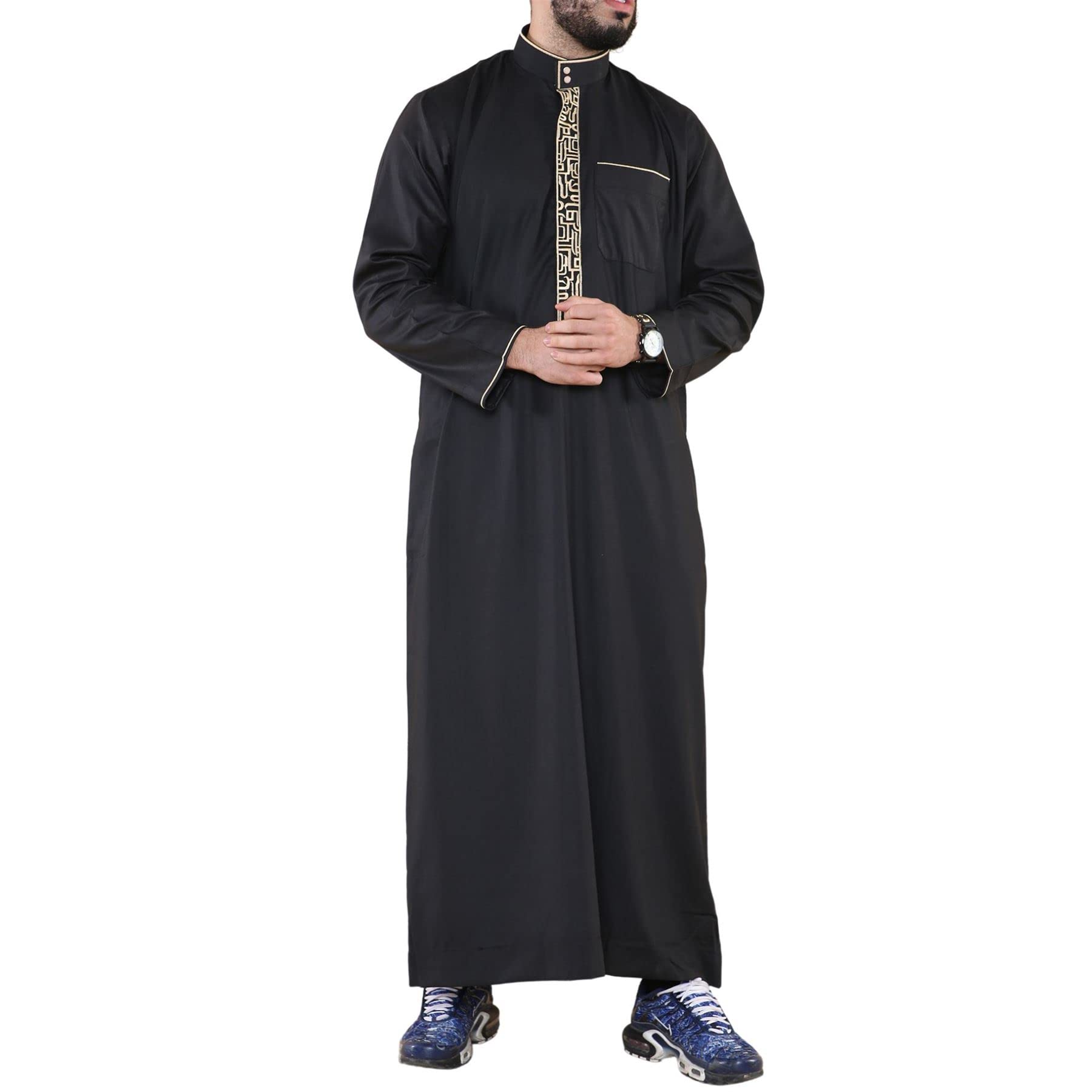 Truclothing Men's Black Thobe Jubba Nehru Stand Collar Islamic Clothing Muslim Cotton Kaftan Embroidery Eid Robe Saudi - L - 56