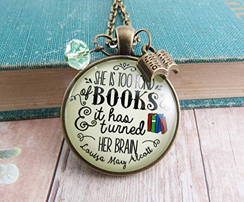 Gutsy Goodness 24" Book Necklace She Is Too Fond Literary Quote Louisa May Alcott Pendant Jewelry Green Charm