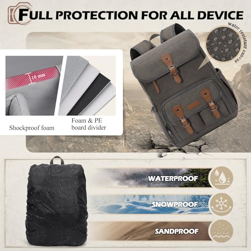 Image of RAINSMORE Camera Backpack, DSLR SLR Mirrorless Camera Bag for Photographer | 15.6 Inch Vintage Canvas Camera Case with Laptop Compartment & Tripod Holder & Rain Cover for Sony Canon Nikon Fujifilm Grey