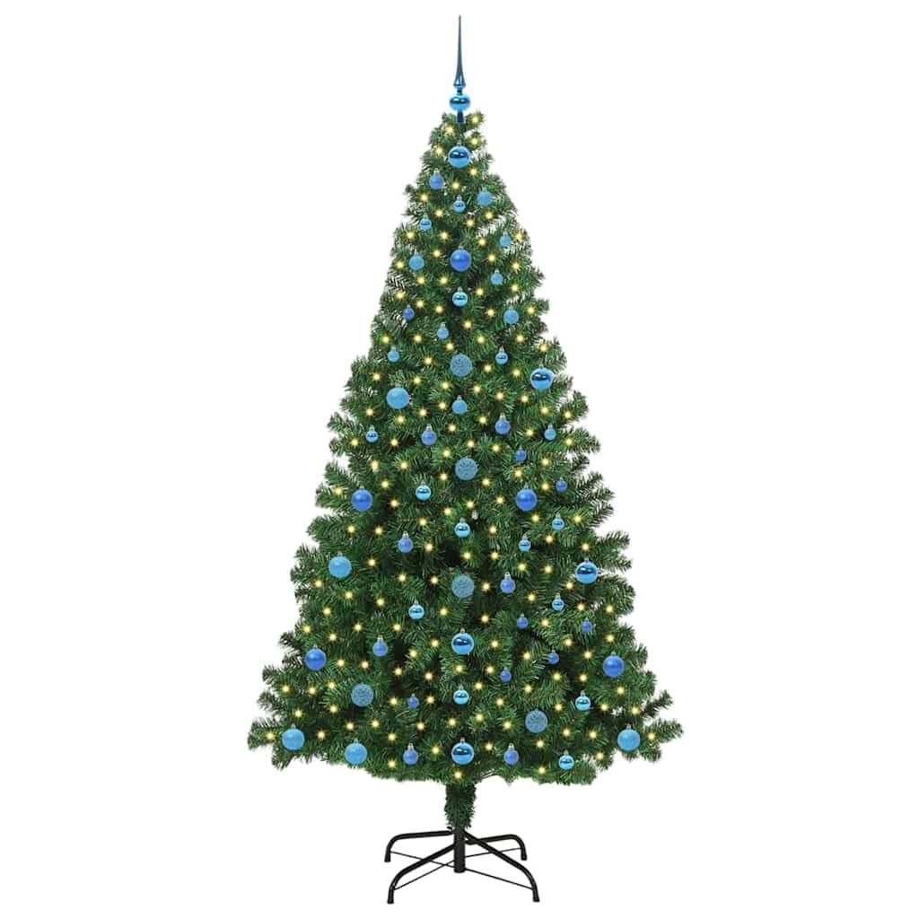 Árbol de Navidad artificial de 210 cm con 300 luces LED de color blanco cálido, soporte y bolas para interior y exterior protegido