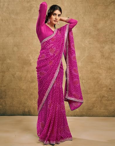Image of SIRIL Women's Georgette Bandhani Printed Saree, Traditional Wedding Sarees For Women With Unstitched Blouse Piece