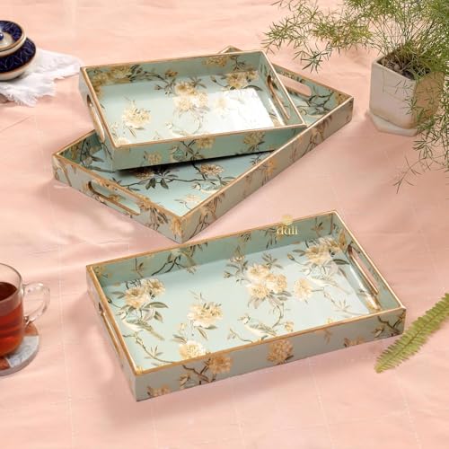 Image of Set of 3 Waterproof Wooden Trays - Modern Birds Design with Floral & Tree Artwork, Serving Tray Set | Tray Set| MDF Serving Trays (16x10, 14x8, 12x6 Inches)(Setof3WP- AquaGoldBird)