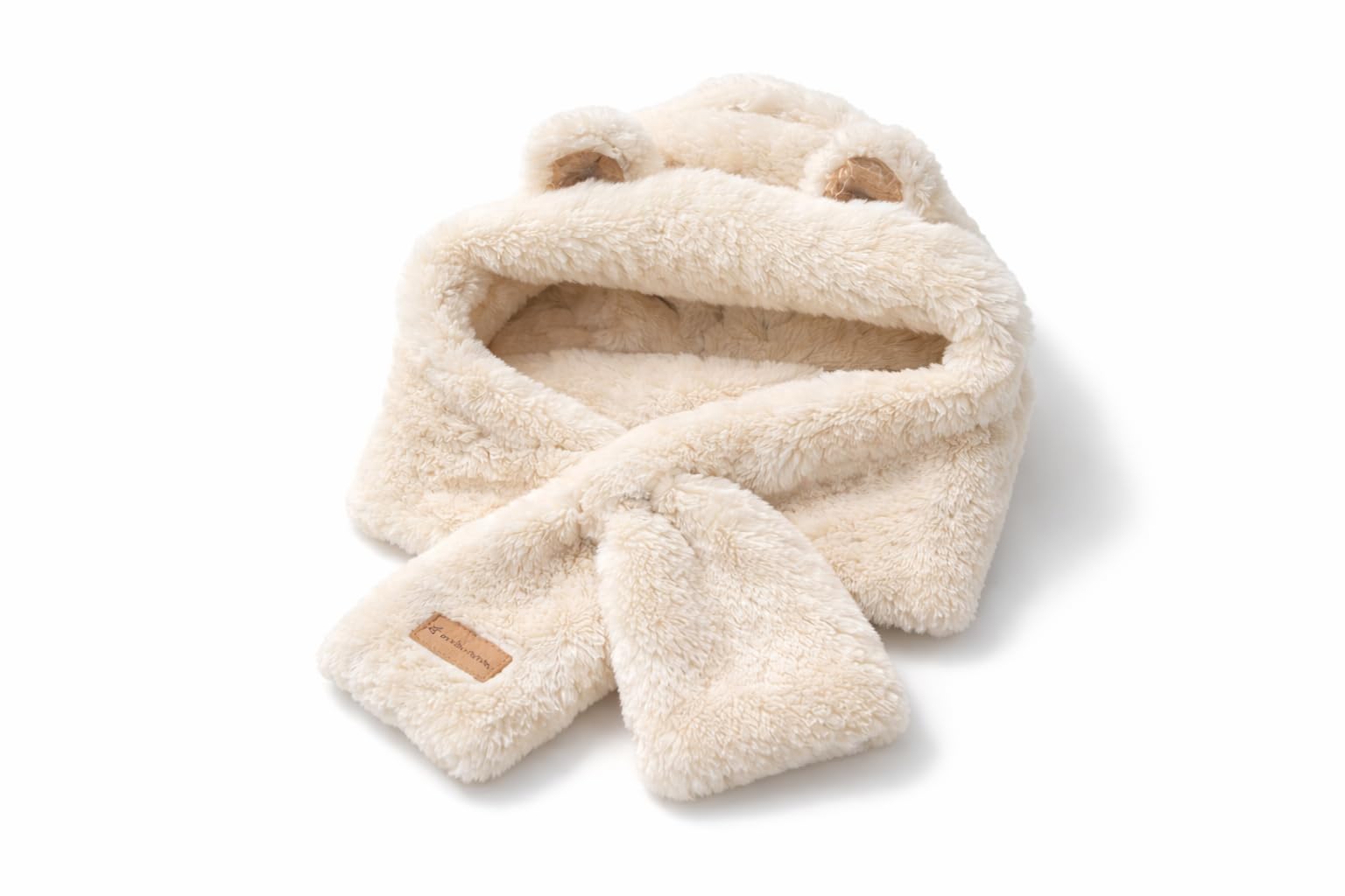 Faux Fur Cozy Scarf with Bear Hood | Ultra-Soft Winter Scarf for Baby, Kids & Women | Warm, Gentle & Cute | baby muffler | Off-White/Ivory-image-0