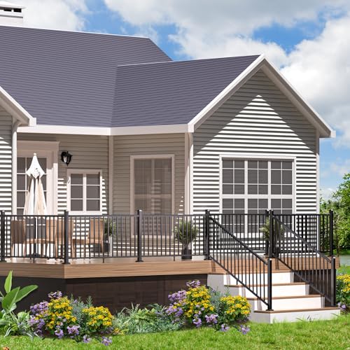 Egadis 36 in. H x 6 ft. W Porch and Deck Railing Kit, Aluminum Stair Railing Kit, Black Textured AAMA 2604 Powder-Coat Finish Railing System for Concrete Steps or Wooden Stairs (1 Post, 1 Panel)