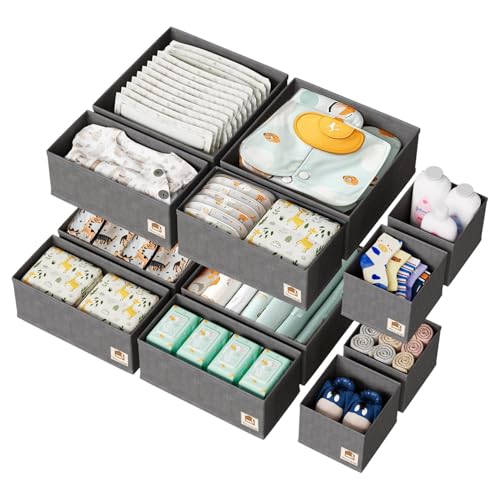 Image of ZenStorage 12 Pack Drawer Organizer for Baby Clothes, Nursery Drawer Organizer for Baby Diaper, Collapsible Deep Fabric Drawer Organizer with Zipper for Socks, Bra, Towels, Ties, Grey