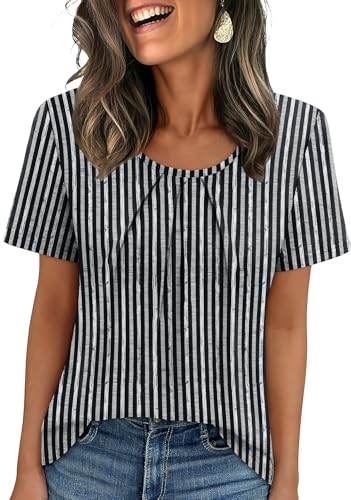 Image of WIHOLL Women T Shirts Pleated Short Sleeve Tops Business Casual Dressy Blouses