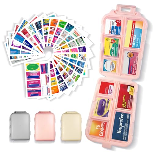 Image of Pill Organizer 3 Pack with 146x3 Medicine Labels, Pink Grey Beige | Set of 3 travel pill cases with 10 compartments each and 146 medicine labels for 7-day planning, daily use, work, and trips