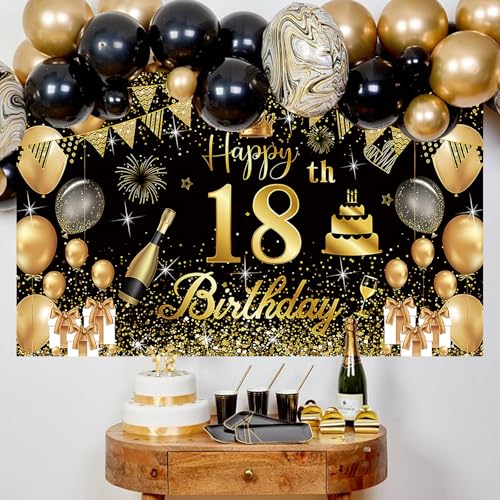 Striscione per 18° Compleanno Nero e Oro 180x110 cm – Decorazione per Feste Premium con Sfondi Fotografici per Camera Giovani, Feste in Giardino e Foto Ricordo (Poliestere, Riutilizzabile)