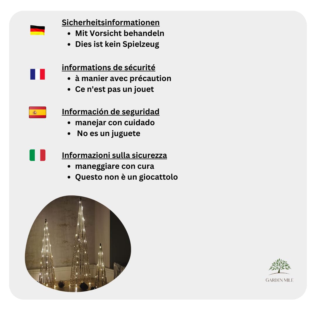 Marco Paul - Set di 3 alberi di Natale, conici, luminosi dorati a LED, decorazioni natalizie pre-illuminate per la casa a forma di piramide in metallo