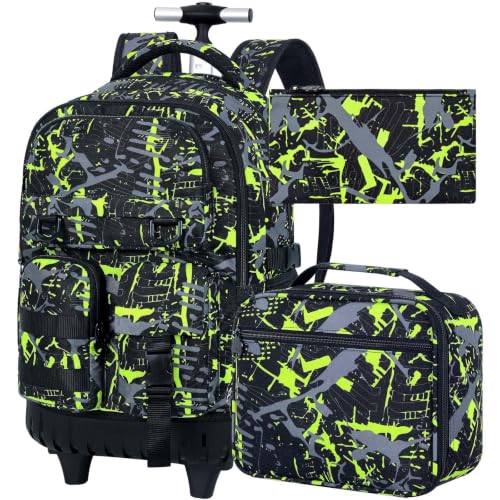 Image of CCJPX 3Pcs Rolling Backpack for Boys, Roller Wheeled School Bookbag, Graffiti Wheels Backpacks with Lunch Box for Kids (Green)