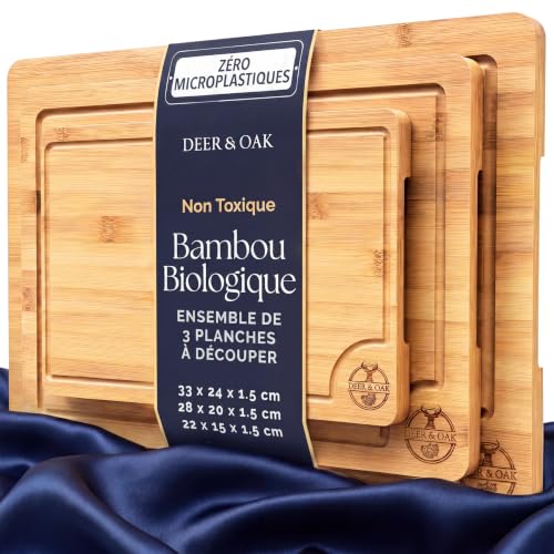 Deer & Oak Lot de 3 Planches à Découper en Bambou, Planches à Découper en Bois Pré-huilées pour Cuisine 36x24cm, 30x20cm, 22x15cm, avec Poignées...