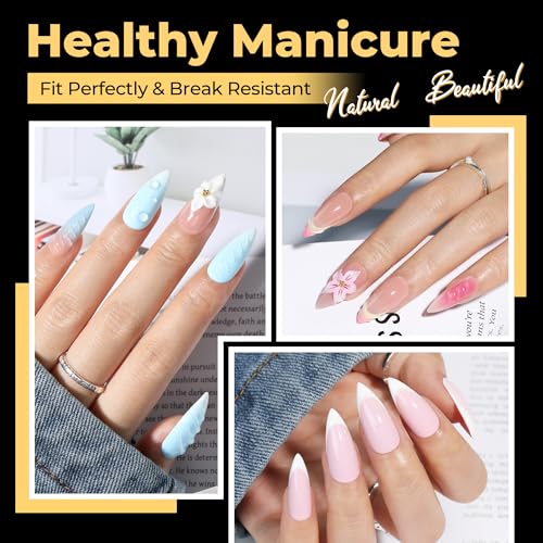 Image of UNA GELLA 600Pcs Medium Stiletto Gel Nail Tips, Pre Etched Medium Stiletto Press on Nails & Sharp Almond Shape Full Cover Soft Gel Nails Tips for Nail Extensions DIY Art Salon 12 Sizes at Home