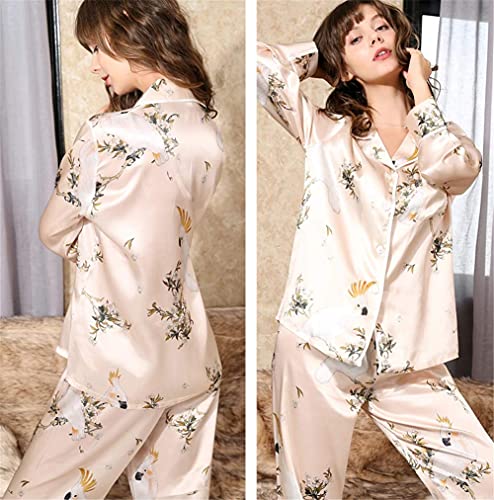 HPTHLY Women'S 100% Mulberry Silk Pyjama Set,19 Pure Silk Flower Bird Print Long Pajamas 2Pcs Sleepwear,Beige-X