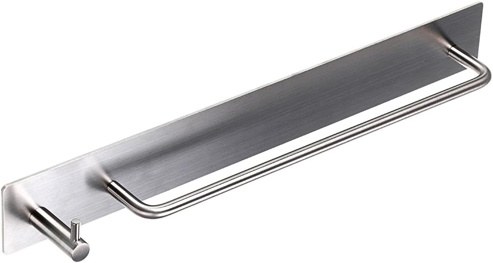 Sumnacon Towel Bar Rack with Hook, 13.38 Inch 3M Self Adhesive Stainless Steel Towel Holder Organizer for Bathroom Kitchen Bedroom, Brushed Finish (Towel Rack with Hook)