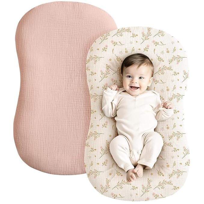 ZXYIVOO Muslin Baby Lounger Cover 2 Pack, 100% Cotton Newborn Lounger Cover, Soft and Breathable Baby Nest Slipcover for Boys Girls (Pink, Floral)