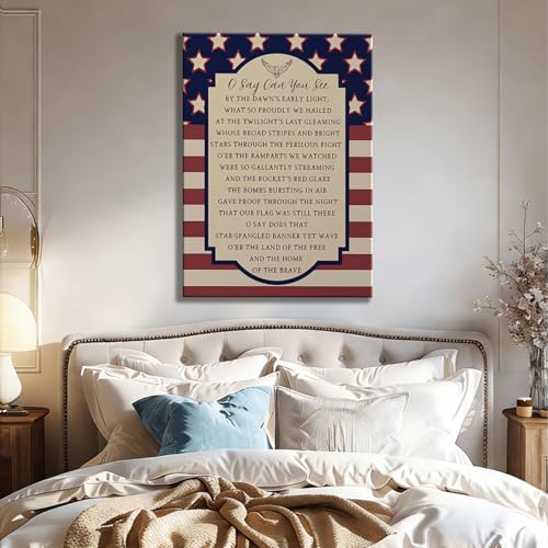 Image of Patriotic O Say Can You See Wall Decor 24x36 In, Star Spangled Banner National Anthem Canvas Art, 4th of July Independence Day Framed Prints for Home & Office, Made in USA