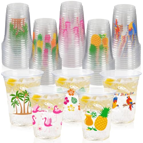 CUPLOOV 50Pcs Luau Party Decoration Cups 16 OZ Disposable Plastic Drinking Cups with Pineapple Flamingo for Hawaiian Tropical Aloha Pool Beach Birthday Party Decor Supplies