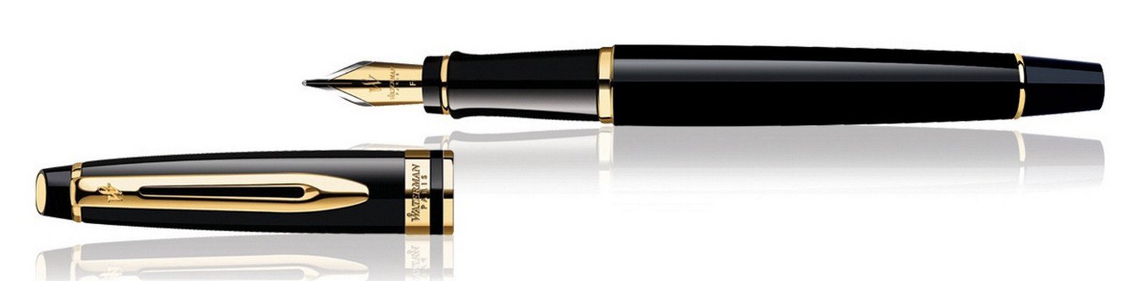 Waterman Expert Laque Noire Attributs Dorés Stylo Plume Pointe Moyenne - dans son Écrin + Waterman Encre pour Stylo Plume Noire Intense - Flacon de 50 ml Bundle