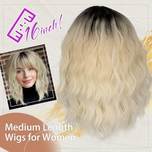 Image of Nnzes Short Wavy Bob Wig with Bangs for Women Shoulder Length Curly Ombre Blonde Synthetic Heat-Resistant Fiber Hair for Daily & Party Use