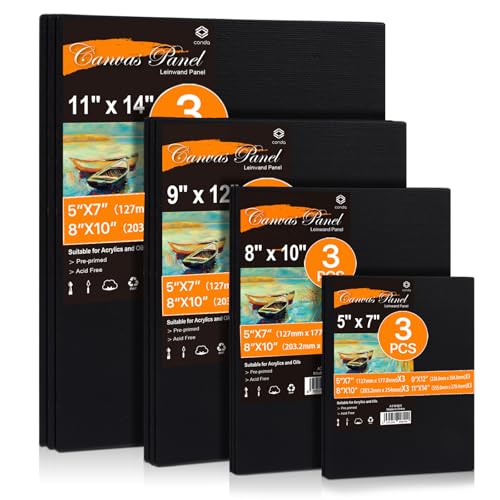 CONDA Black Canvas Board for Painting, 12 Pack Multi...