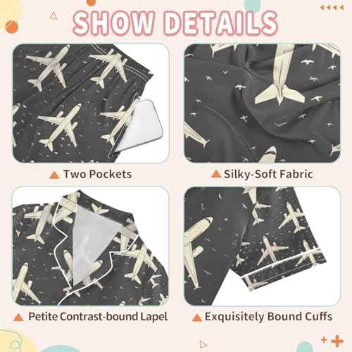 senya Plane Outlines Shadows Satin Summer Pajama Sets Silk Short Sleeve Button Down Sleepwear3