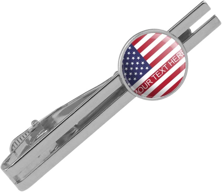 American USA Flag Personalized Custom Round Tie Bar Clip Silver Color
