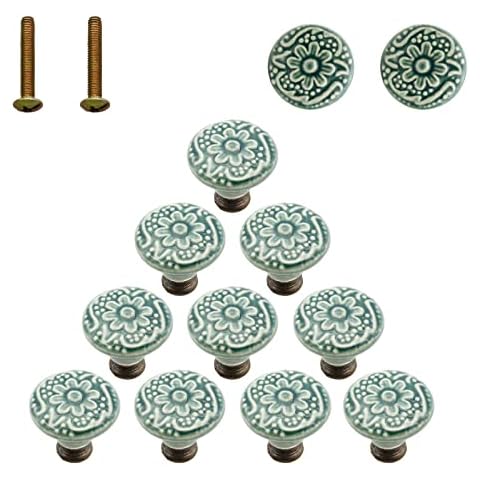 Unlorspy 12 Stück Keramikknöpfe, 34 mm Durchmesser, florales Keramik, Schrankknöpfe, dekorative Knöpfe, runde Kommodenknöpfe, Schubladengriffe, einzelne Knöpfe mit Schrauben für Möbel, Schrank (grün) Cover