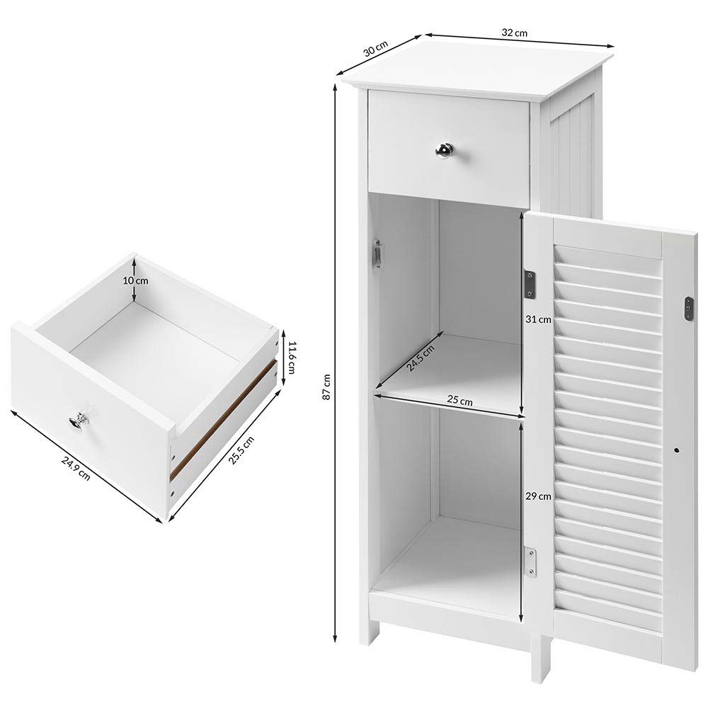 BAKAJI Mobile a Colonna per Bagno con Anta Cassetto e 2 Ripiani Interni Mobiletto Armadietto in Legno MDF Colore Bianco Dimensione 32 x 30 x 87 cm
