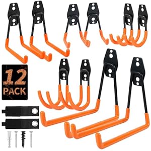 EZ COZY Garage Hooks,12 Pack Garage Hooks Heavy Duty,Garage Organization for Tools,Wall Mount Garage Storage Hooks with 2 Extension Cord Straps,Shed Hooks for Bikes,Ladders,Ropes (Orange)