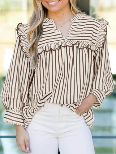 Cicy Bell Womens Striped Babydoll Tops Ruffle V Neck Puff Sleeve Blouses Loose Fit Cute Flowy Shirts3