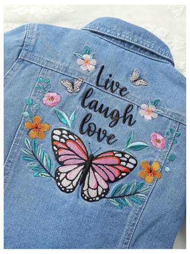 Girl's Cute Floral Butterfly Embroidery Denim Jacket Long Sleeve Button Down Collared Jeans Jackets Outerwear3