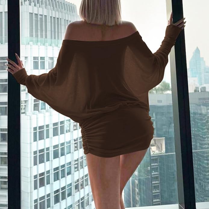 Chvity Women's Sexy Sheer Off The Shoulder Mini Dress Loose Fit Batwing Ruched Casual Party Club Night Out Dress - Image 2