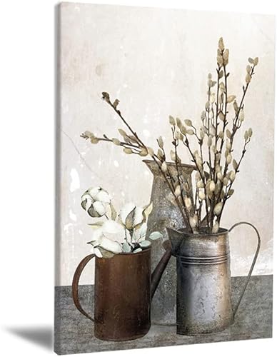 Milili Rustic Flowers Wall Decor Brown Theme Canvas Wall Art Farmhouse Artwork for Bedroom Modern Cotton Bouquet Pictures Cotton Flowers In Vase Wall Art Paintings No-frame 16x24inch