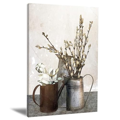 Milili Rustic Flowers Wall Decor Brown Theme Canvas Wall Art Farmhouse Artwork For Bedroom Modern Cotton Bouquet Pictures Cotton Flowers In Vase Wall Art Paintings No-Frame 16X24Inch #TOP1