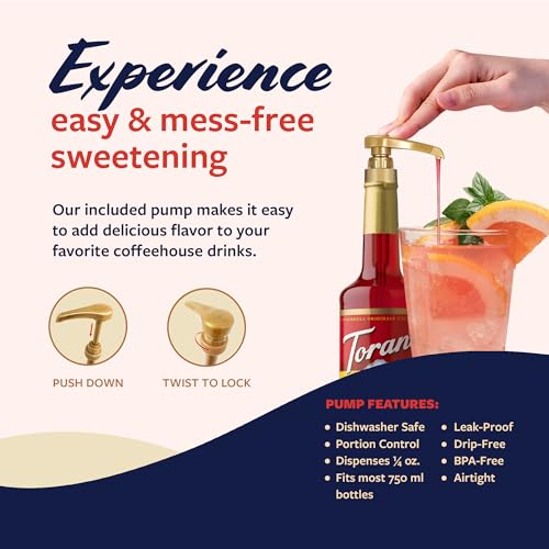 Image of Torani Ruby Red Grapefruit Syrup for Drinks, Flavoring for Sodas and Cocktails, Glass Bottle with Pump Included, 25.4 Fl Oz