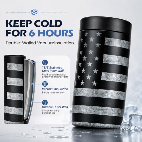 Image of 4-in-1 Slim Can Cooler Easy to Hold Insulated Beer Can Holder Double-Walled Stainless Steel for All 12 Oz Cans Black America Flag 2
