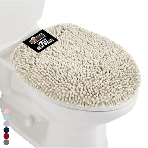 Image of Gorilla Grip Original Shag Chenille Bathroom Toilet Lid Cover, 19.5 Inch x 18.5 Inch Large Size, Machine Washable, Ultra Soft Plush Fabric Covers, Fits Most Size Toilet Lids for Bathroom, Ivory Cream