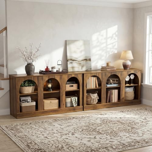 Image of Tribesigns Farmhouse Console Table Set of 2, Extra Long Entryway Table with 3 Tier Storage, Wooden Rectangular Sofa Table Behind The Couch for Entrance, Hallway, Living Room, Brown
