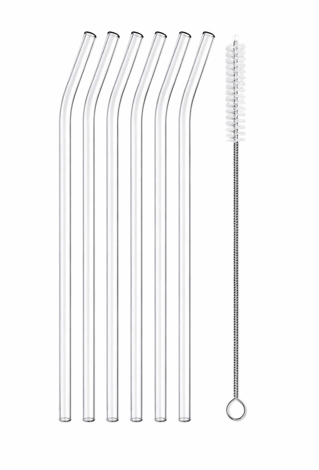 6’lı Cam Pipet Seti + Temizleme Fırçası – Kavisli Şeffaf Cam Pipet, Yeniden Kullanılabilir, Bulaşık Makinesinde Yıkanabilir